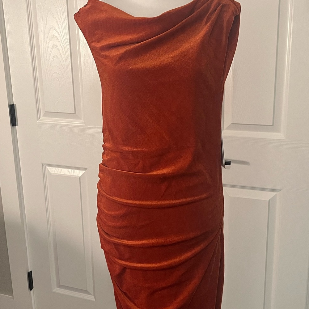 DKNY Rust Velvet One Shoulder Midi Dress Size 8